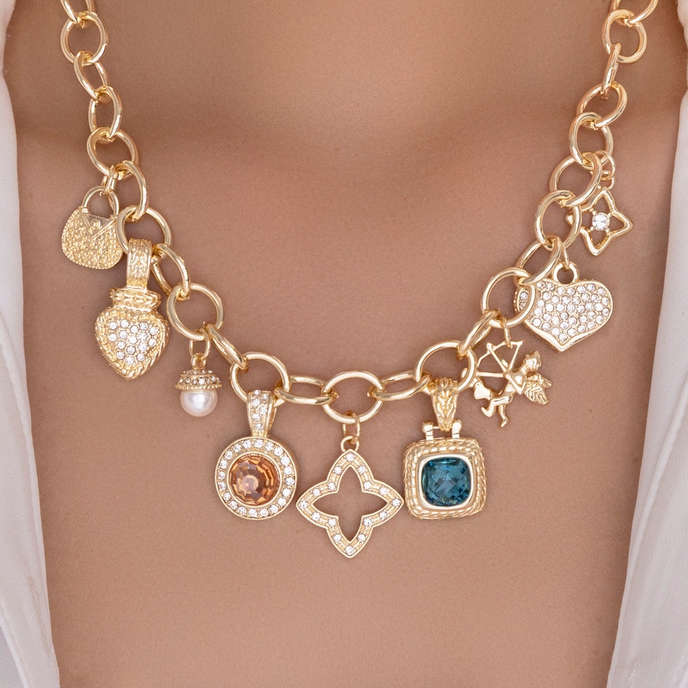 Crystal Heart & Turquoise Charm Necklace