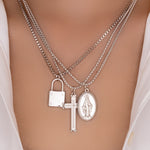 Silver Cross & Lock Necklace Set