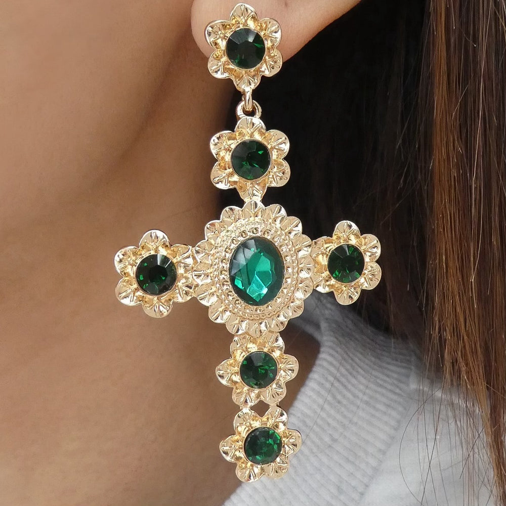 Ornate Cross Earrings (Emerald)