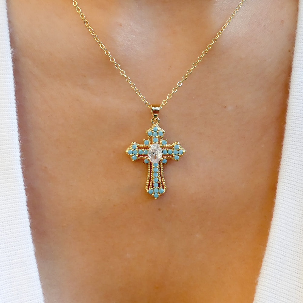 Crystal Simone Cross Necklace (Turquoise)