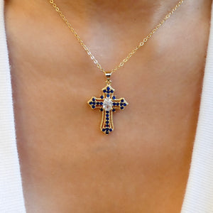 Crystal Simone Cross Necklace (Blue)