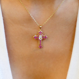 Crystal Simone Cross Necklace (Pink)