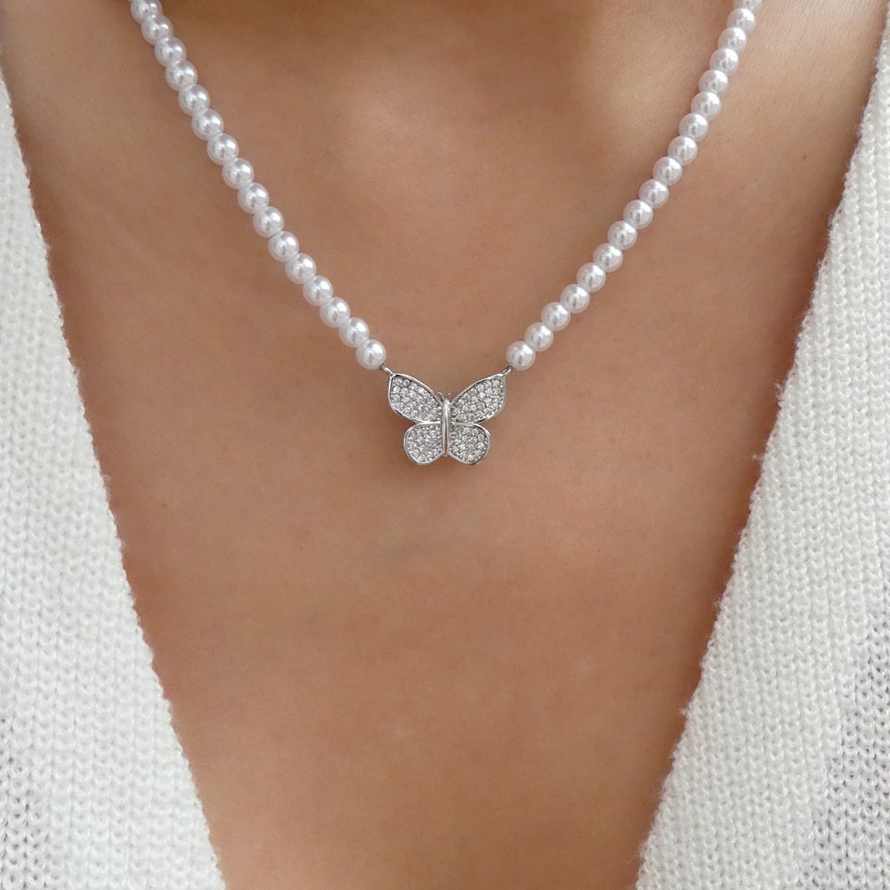 Butterfly Pearl Necklace (Silver)