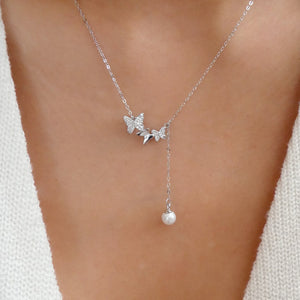 Small Butterfly & Pearl Necklace (Silver)