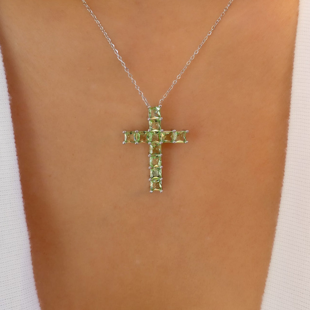 Green Angelina Cross Necklace (Silver)