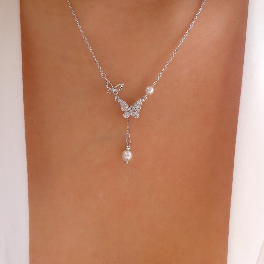Lauren Butterfly Pearl Drop Necklace (Silver)
