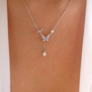 Lauren Butterfly Pearl Drop Necklace (Silver)