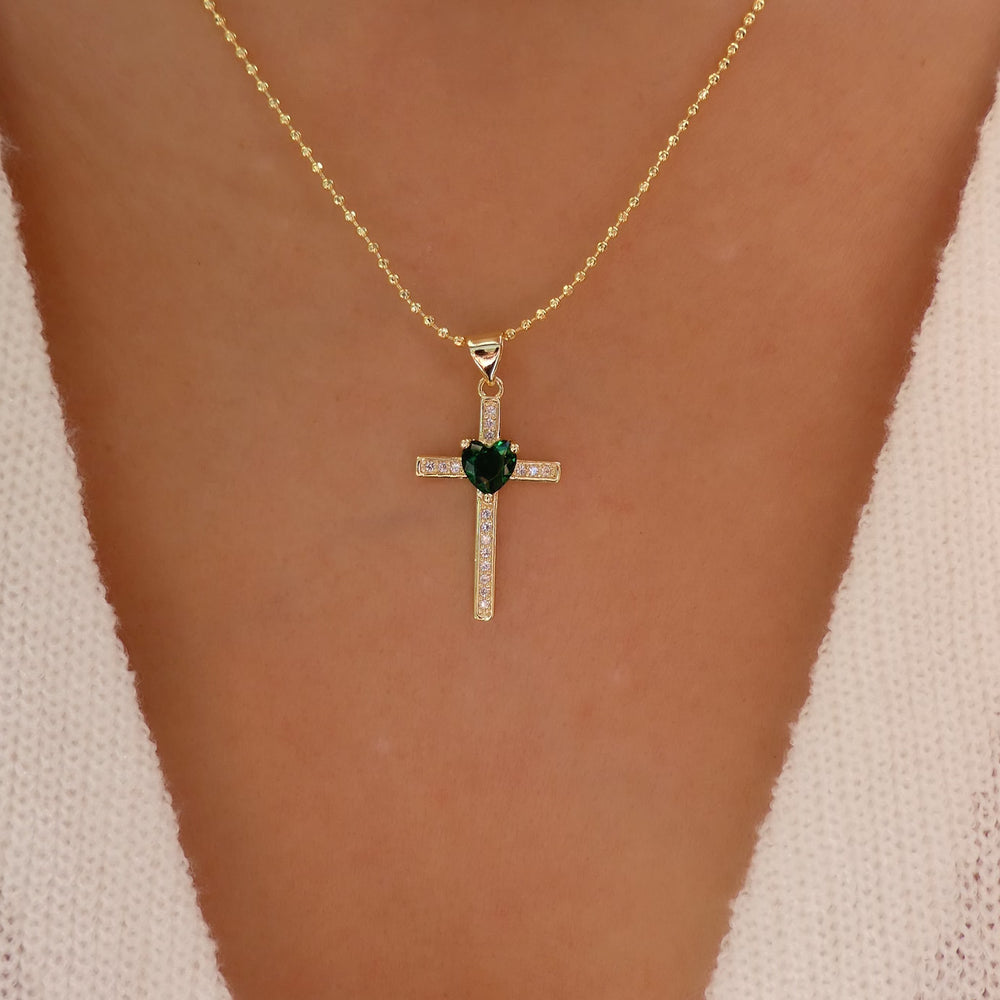 Heart & Cross Necklace (Emerald)