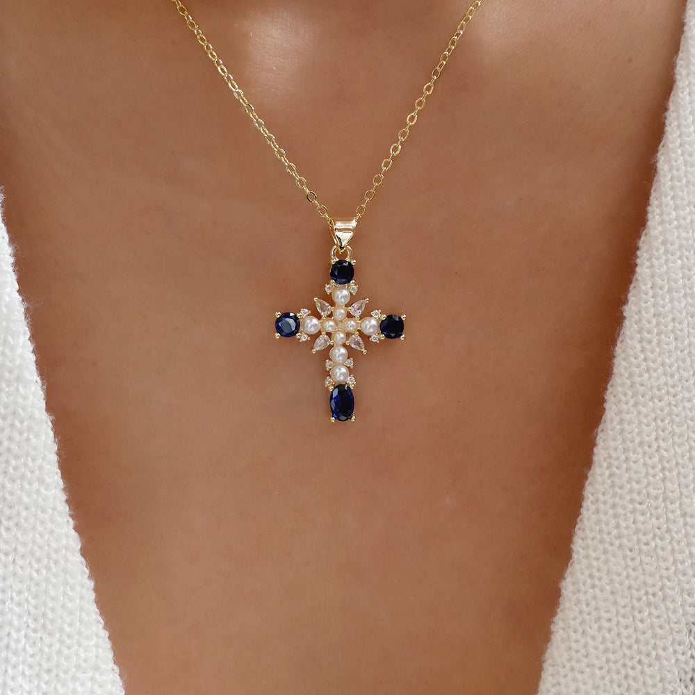 Blue & Pearl Cross Necklace