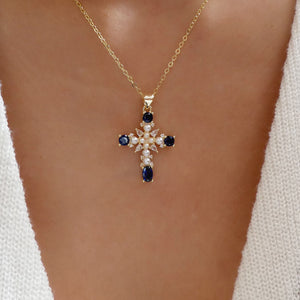 Blue & Pearl Cross Necklace
