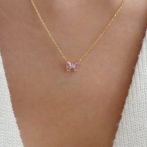18K Mini Butterfly  Necklace (Pink)