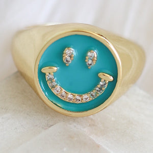 Blue Crystal Smiley Ring