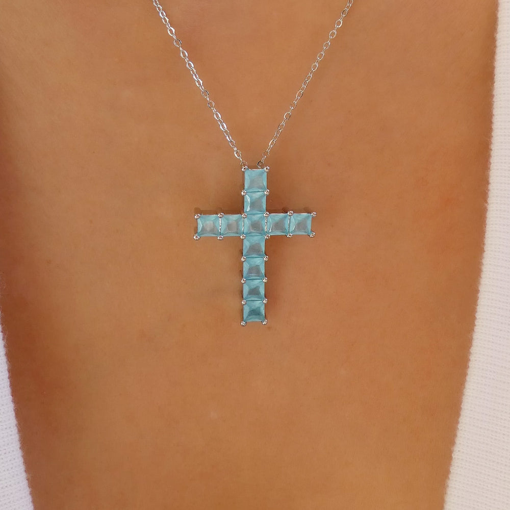 Light Blue Angelina Cross Necklace (Silver)