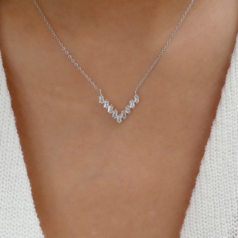Crystal V Row Necklace (Silver)