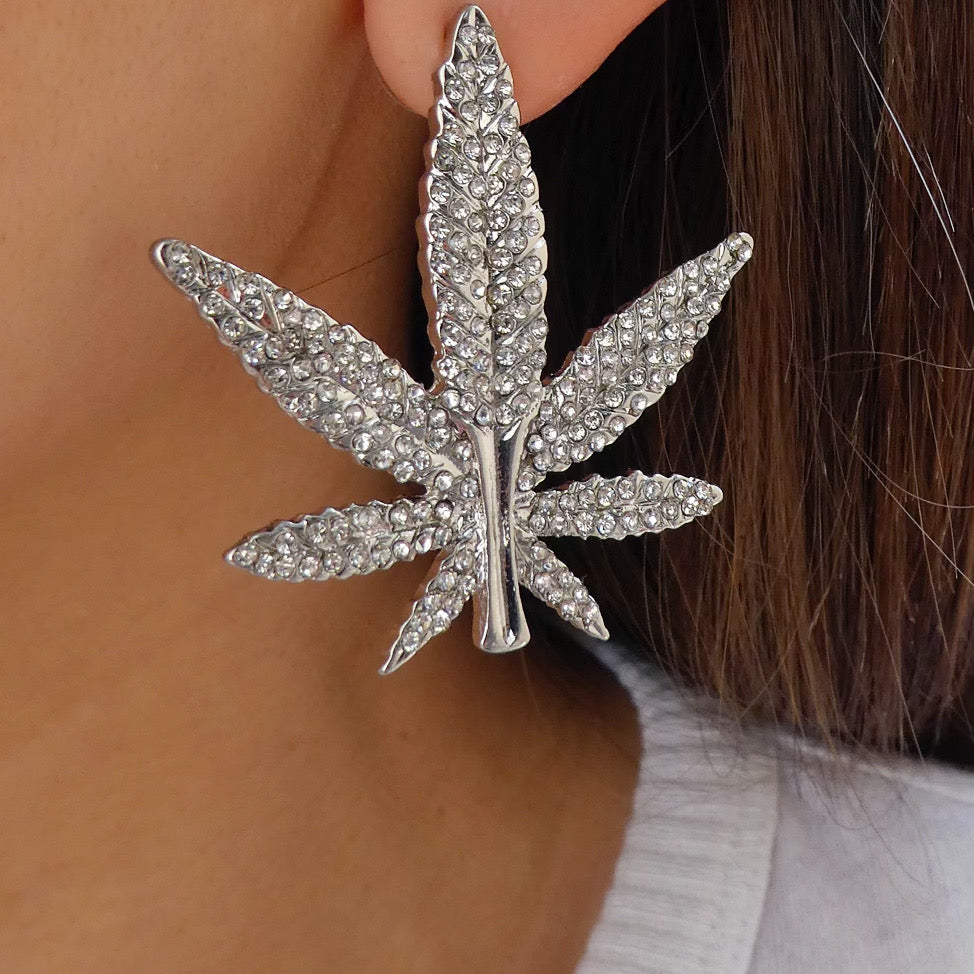 Crystal Cannabis Earrings (Silver)